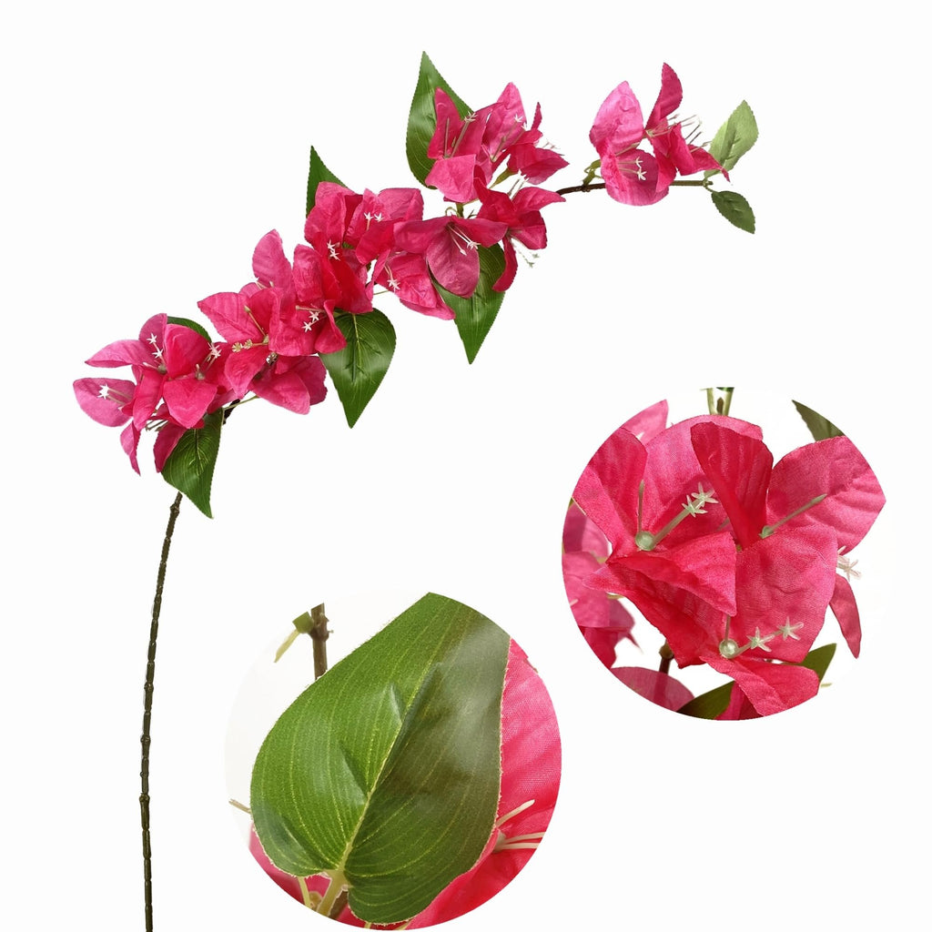 Artificial pink bougainvillea flower vine with green leaves, close-up details of flowers and leaf