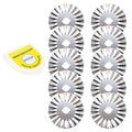 Ten 45mm pinking rotary cutter replacement blades in a storage case