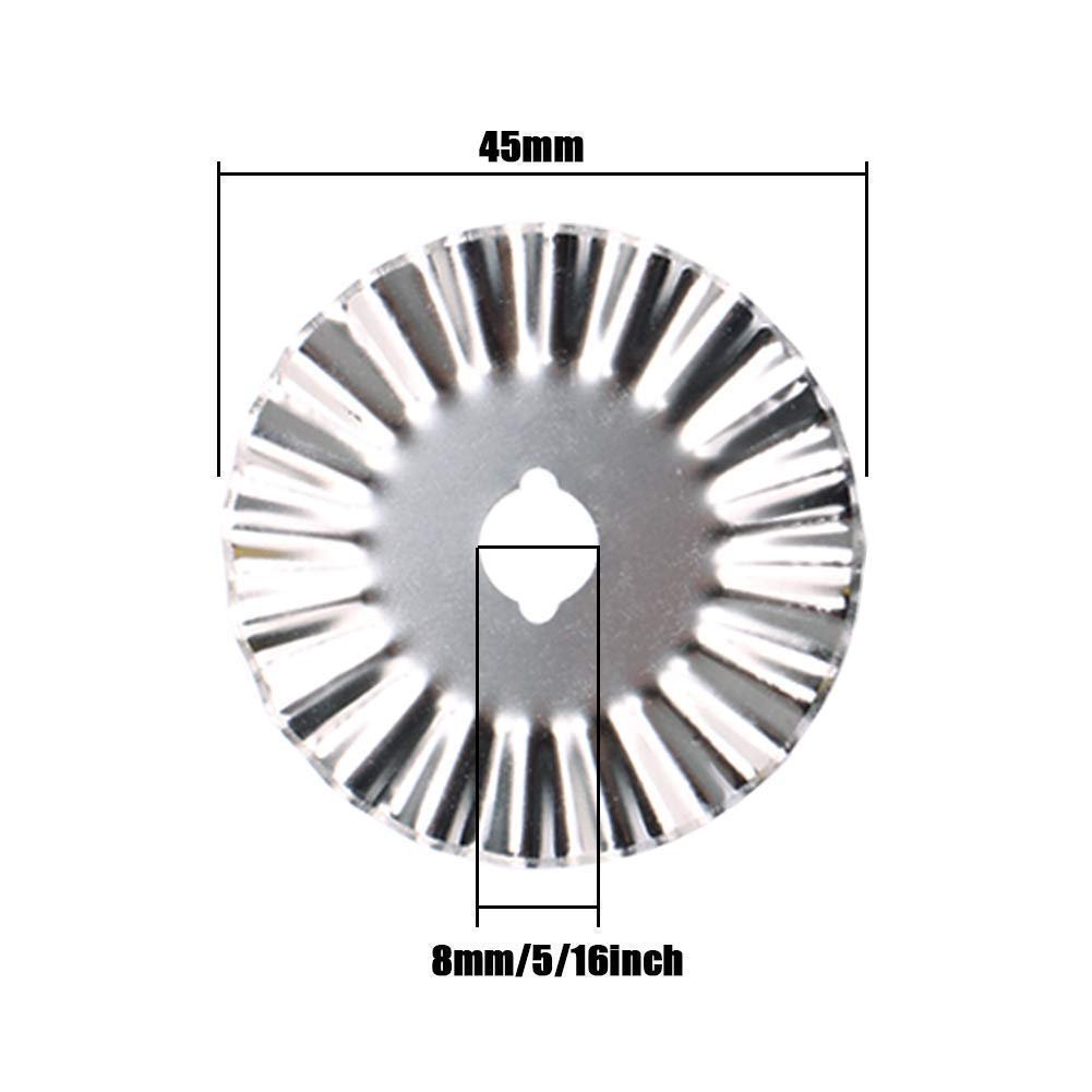 Pinking rotary cutter blade with 45mm diameter and 8mm/5/16 inch center hole, shown flat against a white background.