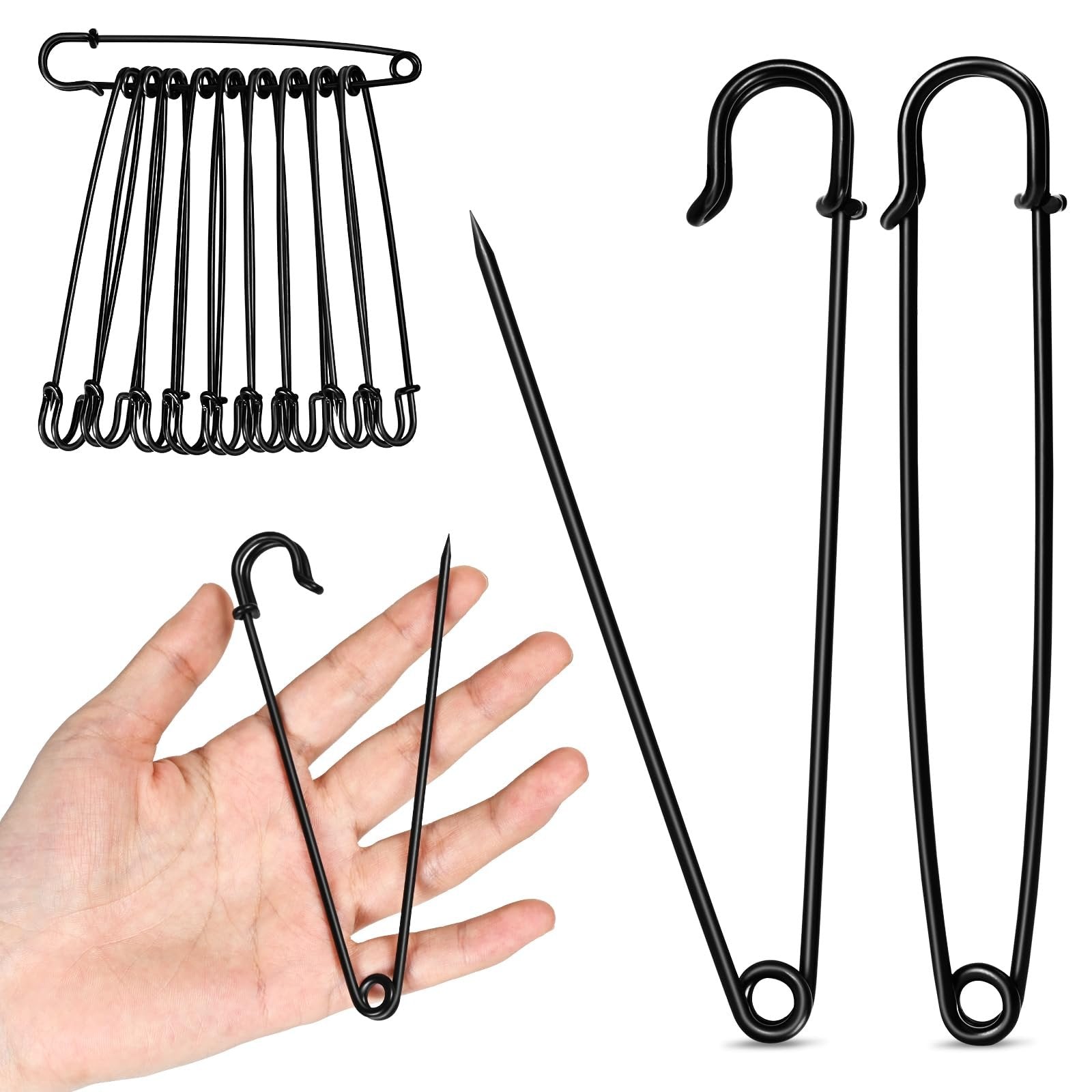 Ten black extra-large safety pins on a white background, with a hand holding one pin and two pins shown separately.