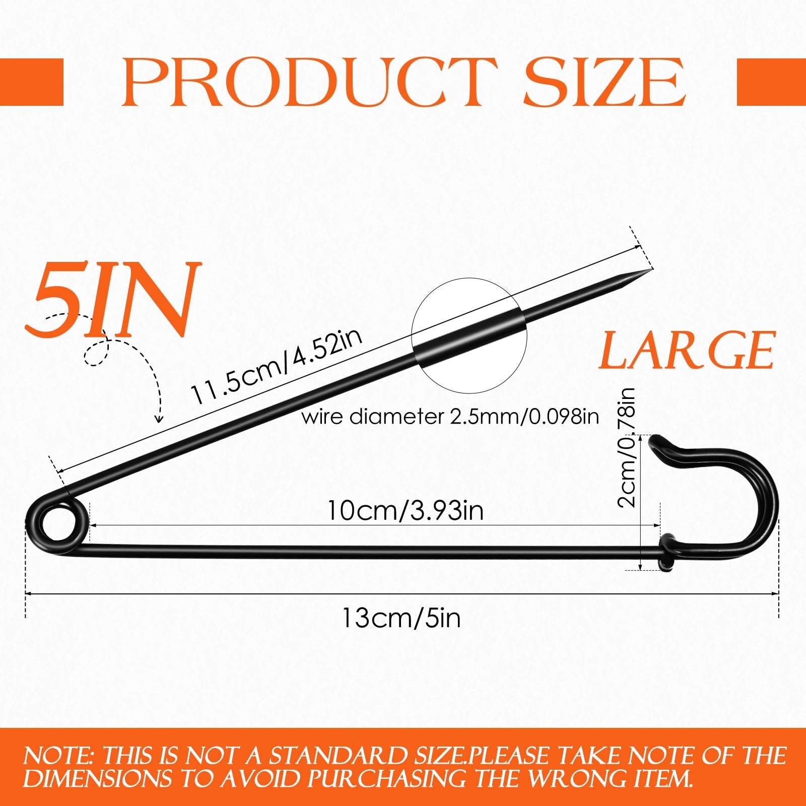 Black extra large safety pin with dimensions and wire diameter indicated.
