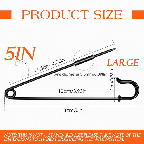Black extra large safety pin with dimensions and wire diameter indicated.