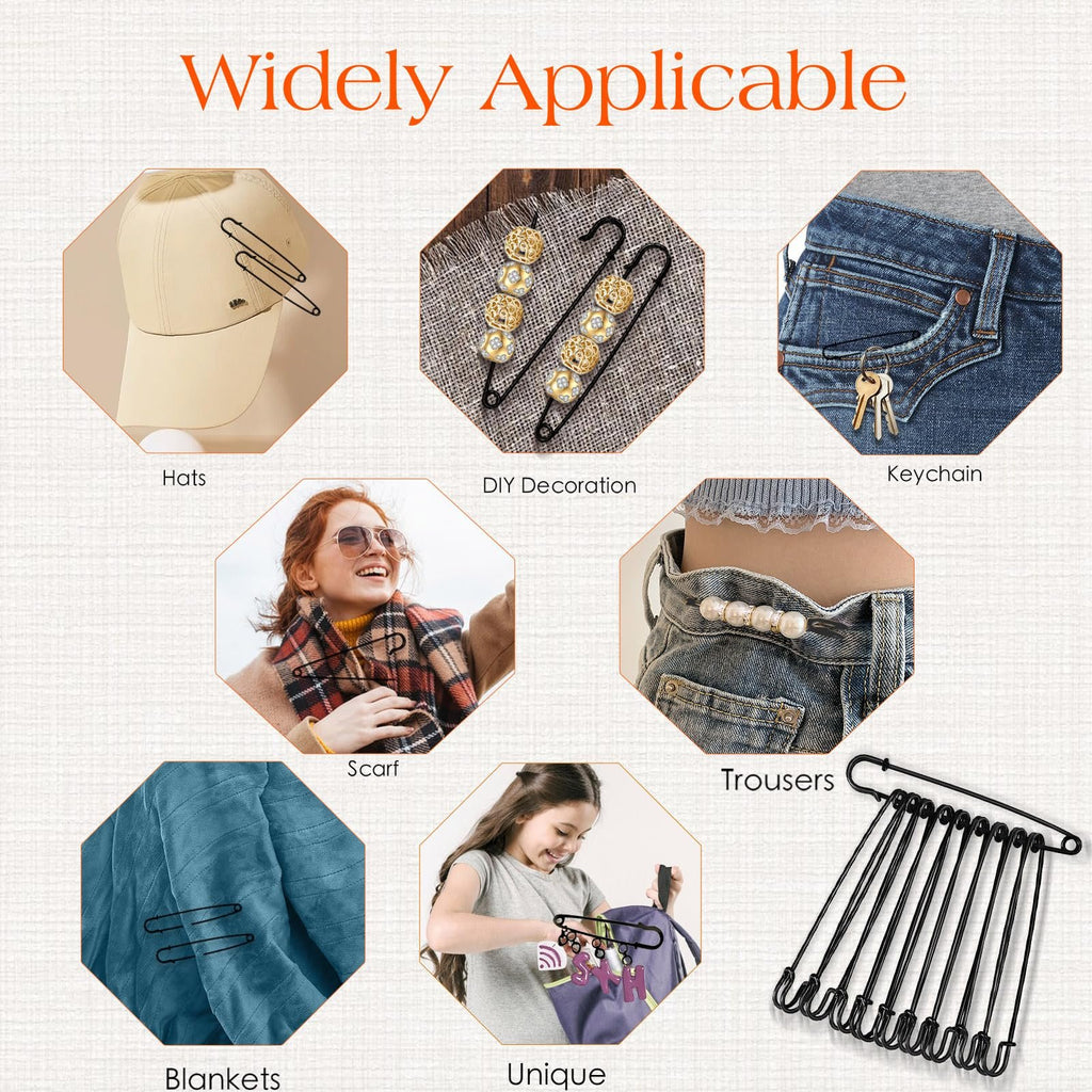 Collage showing various uses for large black safety pins: on hats, DIY decorations, keychains, scarves, trousers, blankets, and a backpack.