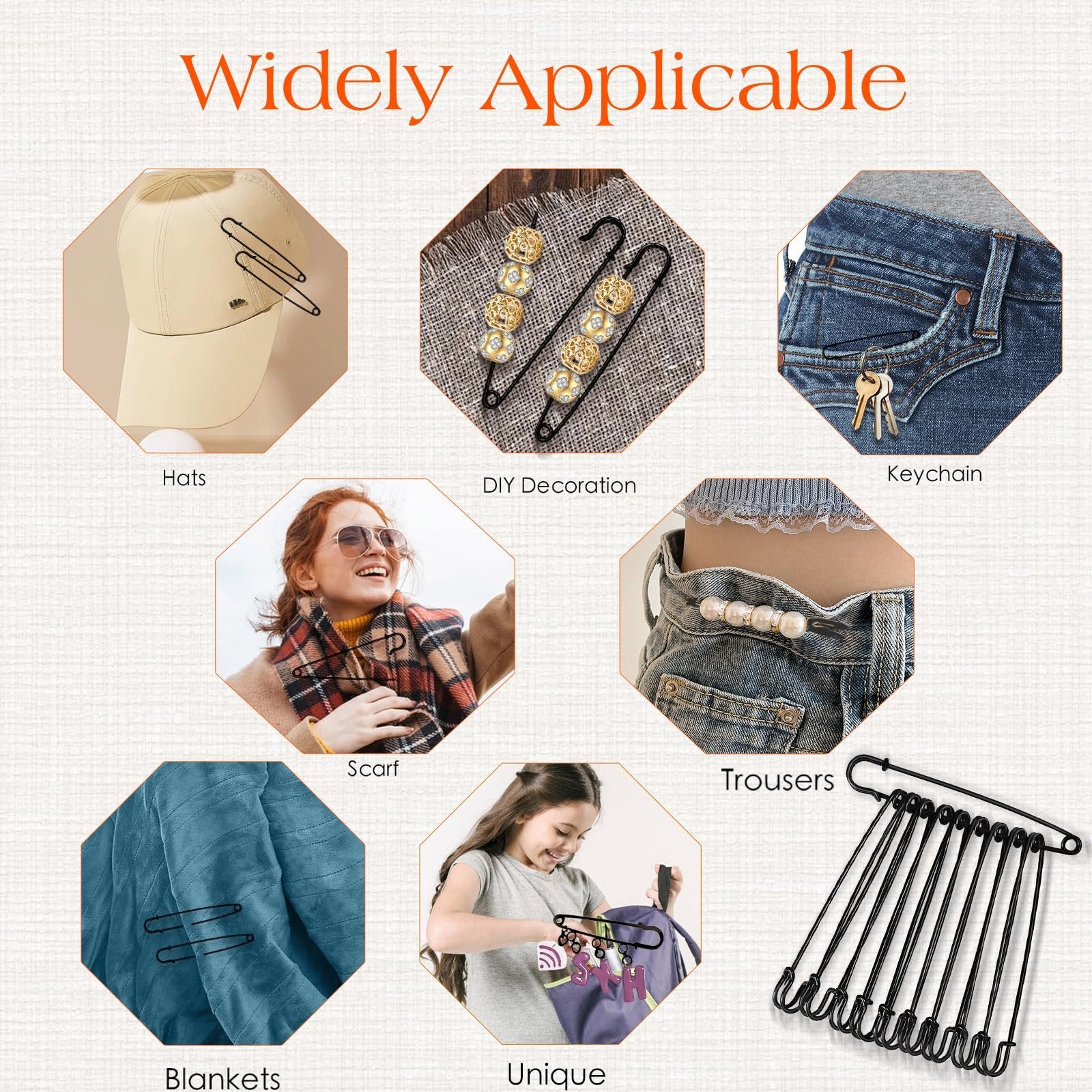 Collage showing various uses for large black safety pins: on hats, DIY decorations, keychains, scarves, trousers, blankets, and a backpack.