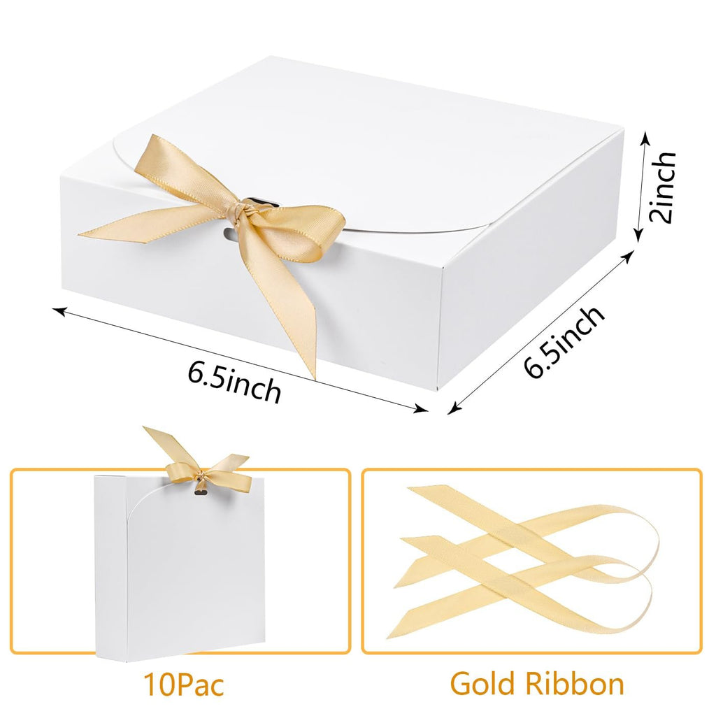White paper gift boxes with gold ribbon, showing dimensions and pack details
