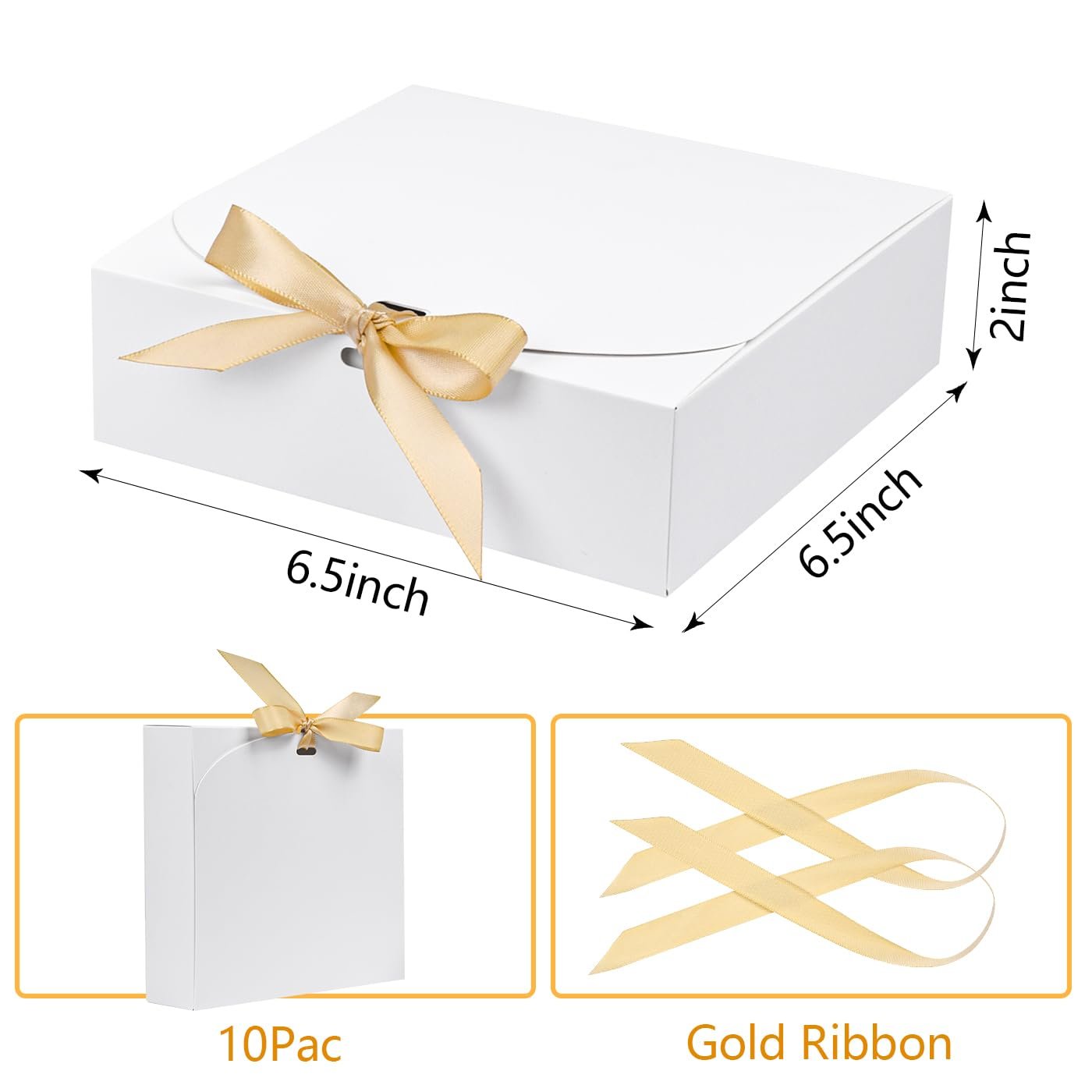 White paper gift boxes with gold ribbon, showing dimensions and pack details