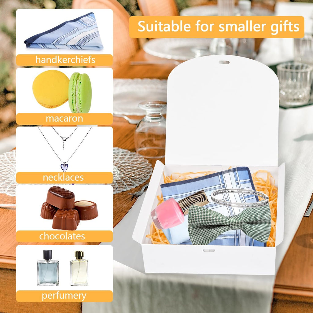 White gift box filled with assorted items including a bow tie, handkerchiefs, and jewelry, with examples of other giftable items shown in side panels.