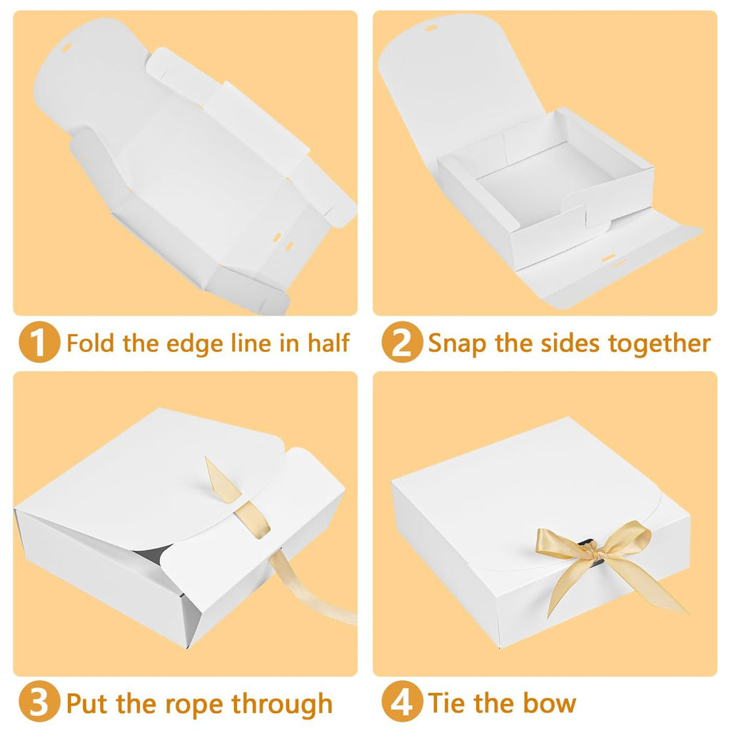 Four-panel image showing how to assemble a white paper gift box with a ribbon.