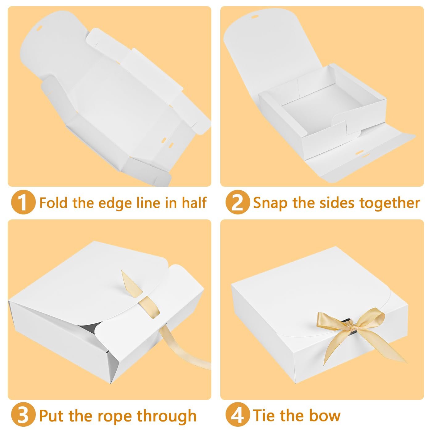 Four-panel image showing how to assemble a white paper gift box with a ribbon.
