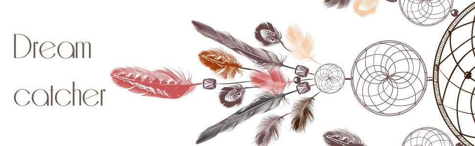 Dream catcher illustration with feathers and beads on a white background