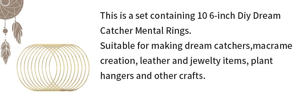 A stack of ten gold metal rings for dream catchers and crafts, with a decorative dream catcher graphic in the upper left corner.