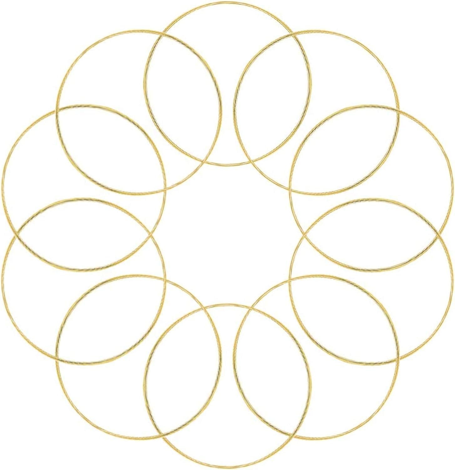 Ten gold metal rings arranged in a circular pattern on a white background, suitable for dream catchers and crafts.