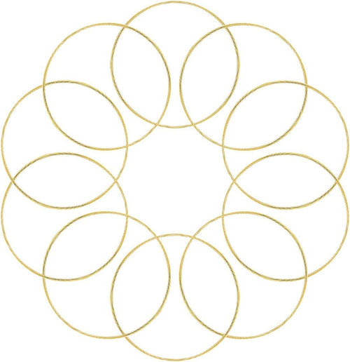 Ten gold metal rings arranged in a circular pattern on a white background, suitable for dream catchers and crafts.