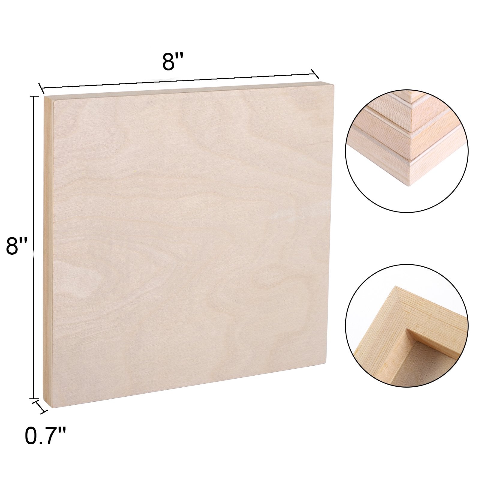 8x8 inch unfinished birch wood painting panel with 0.7 inch thickness, shown from the side with close-ups of stacked panels and corner joinery.