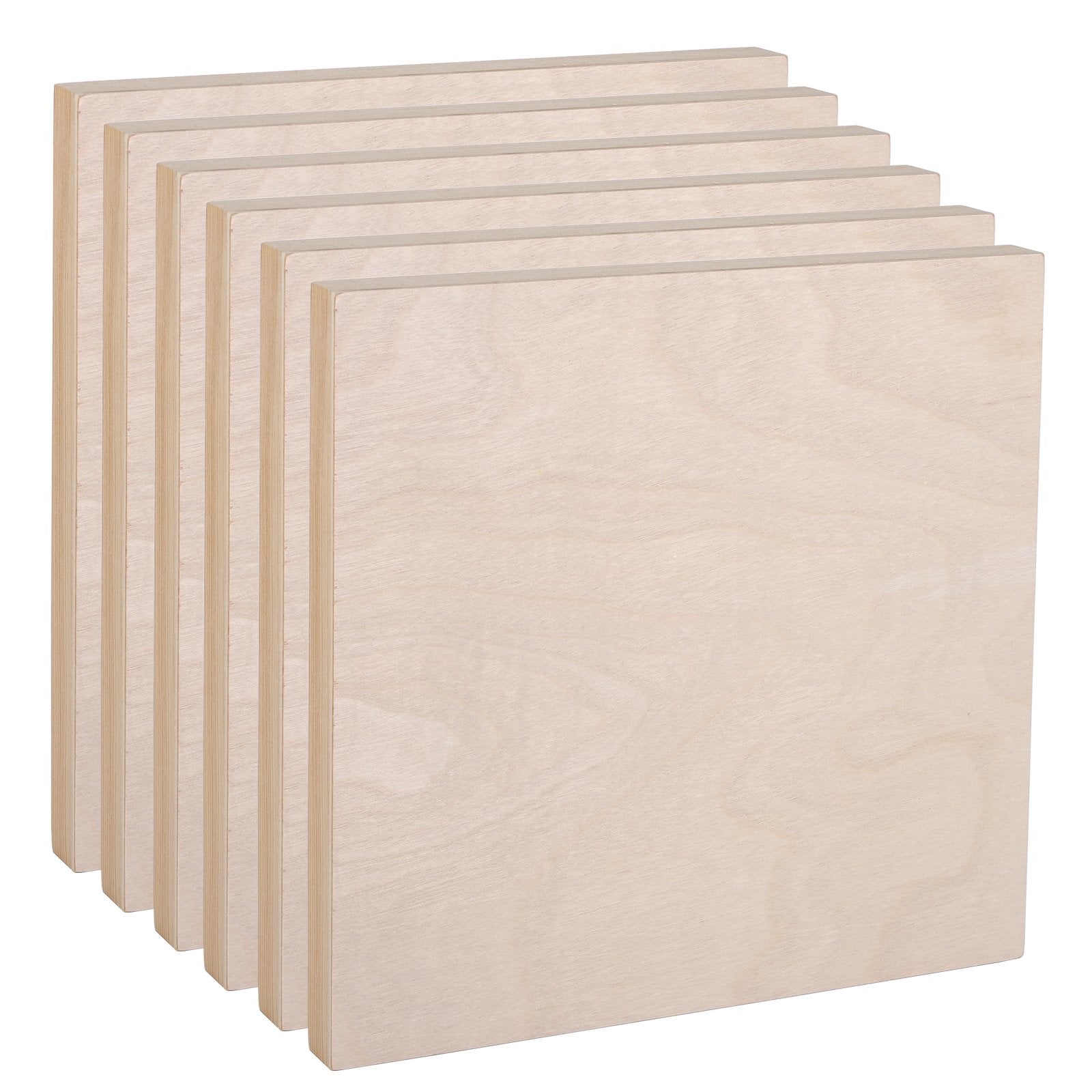 Stack of six 8x8 inch unfinished birch wood painting panels, shown from a slight angle on a white background.