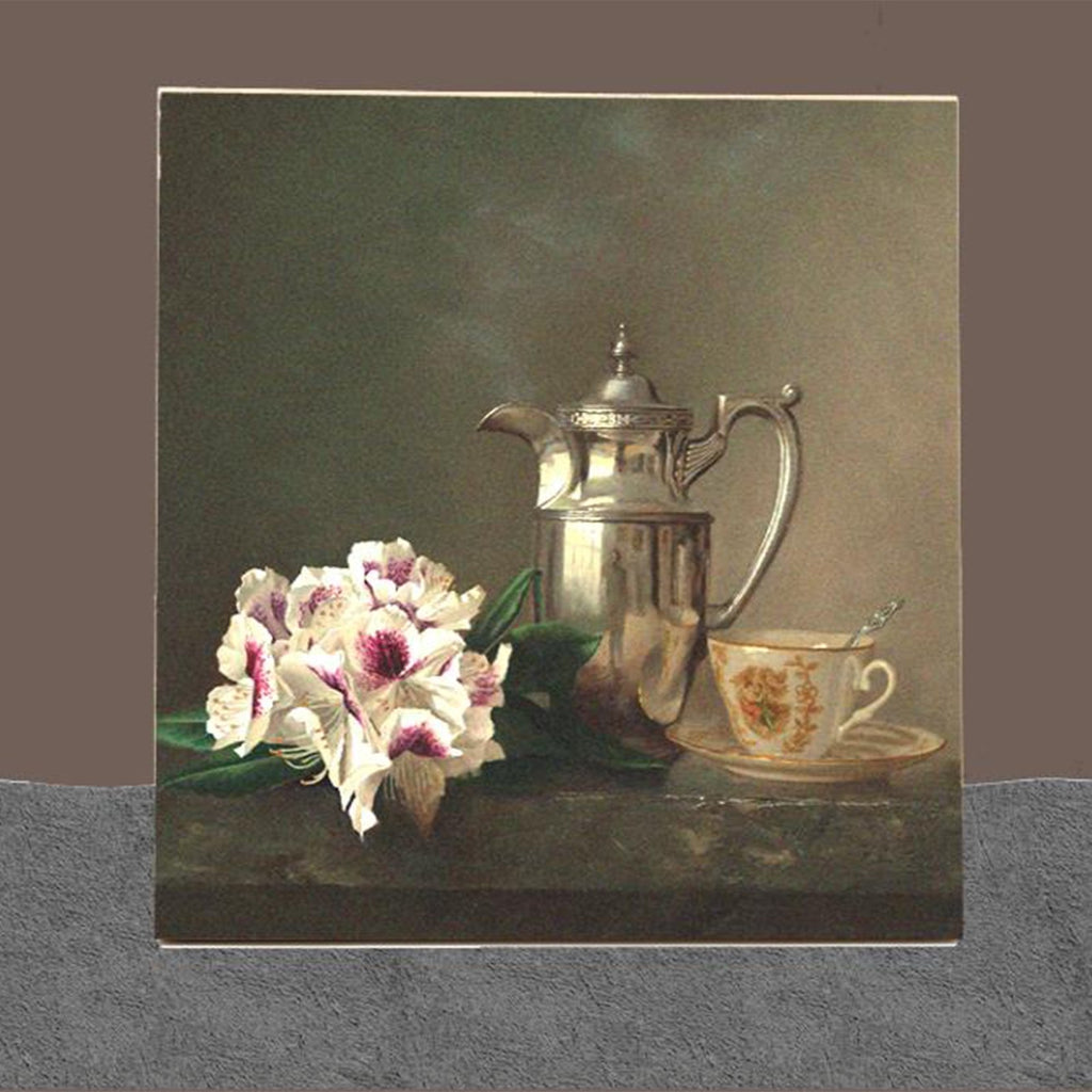 Still life painting of a silver coffee pot, a bouquet of white and purple flowers, and a teacup with a spoon on a saucer.