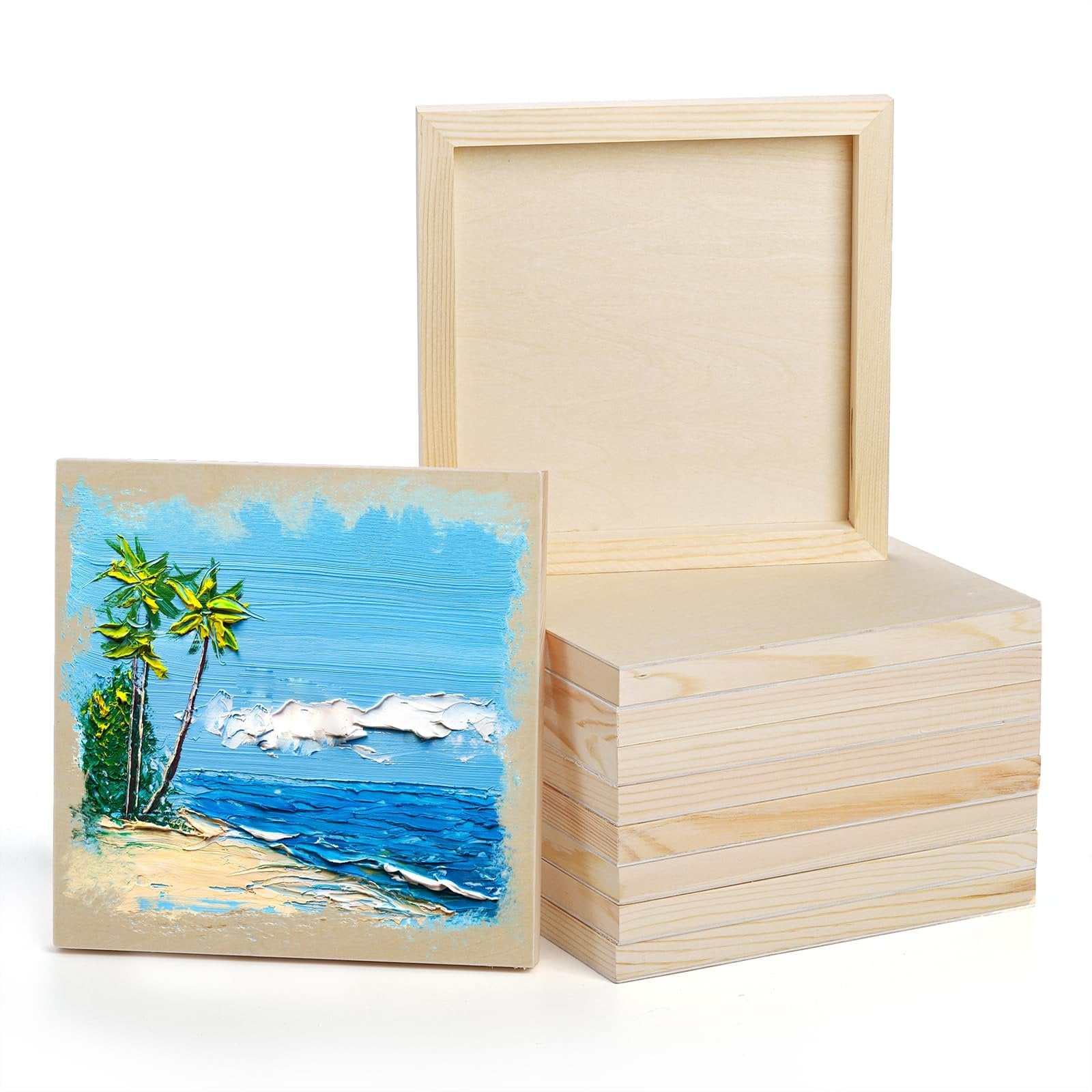 Stack of 10 unfinished birch wood cradled painting panels with one panel showing a textured beach and ocean painting