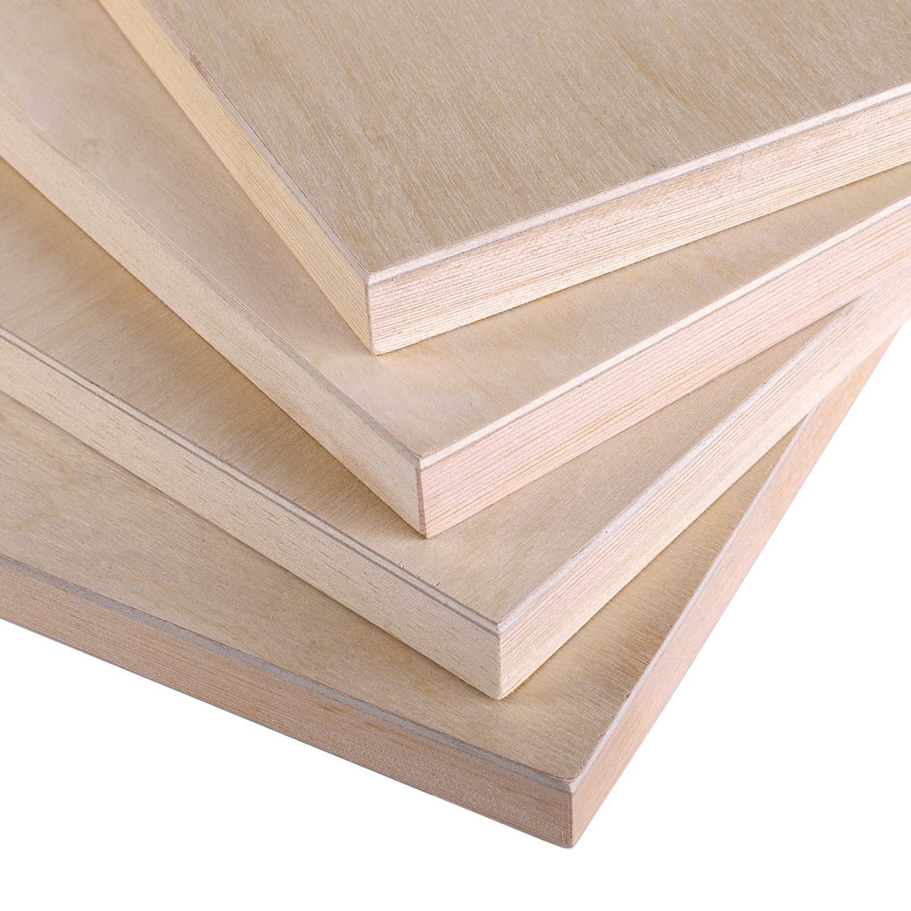 Stack of four unfinished birch wood painting panels, 8x8 inches, 0.7 inch thick, on white background
