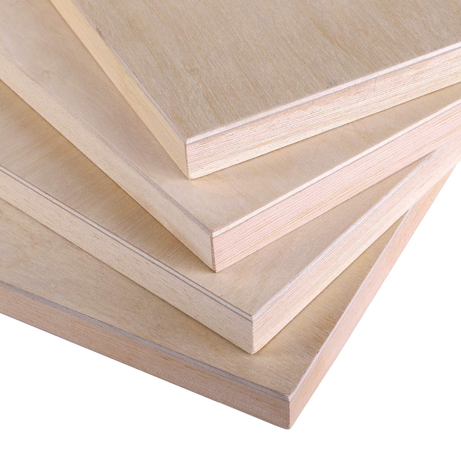 Stack of four unfinished birch wood painting panels, 8x8 inches, 0.7 inch thick, on white background