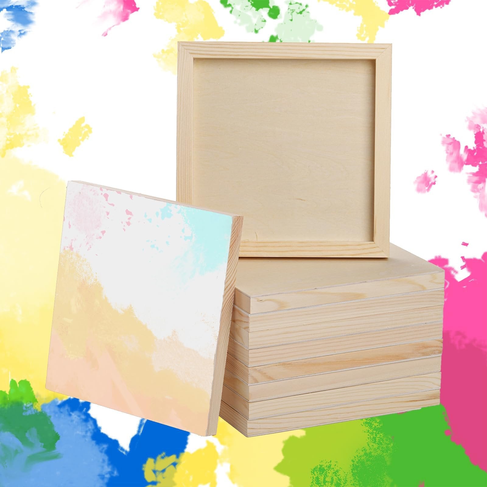 Stack of 8x8 inch unfinished birch wood painting panels with one panel showing abstract watercolor splashes