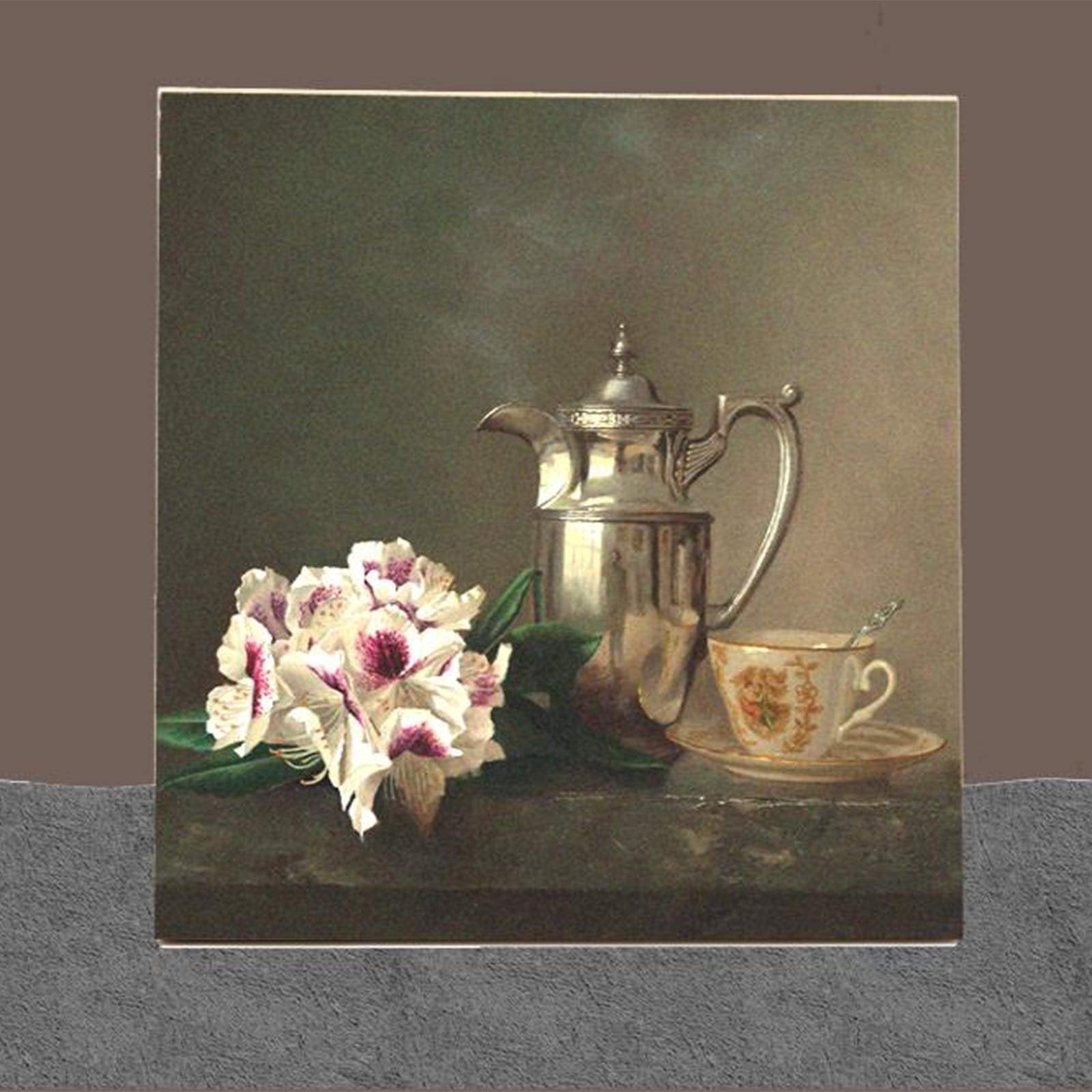 Still life painting of a silver teapot, a cup and saucer with a spoon, and a bouquet of white and purple flowers.