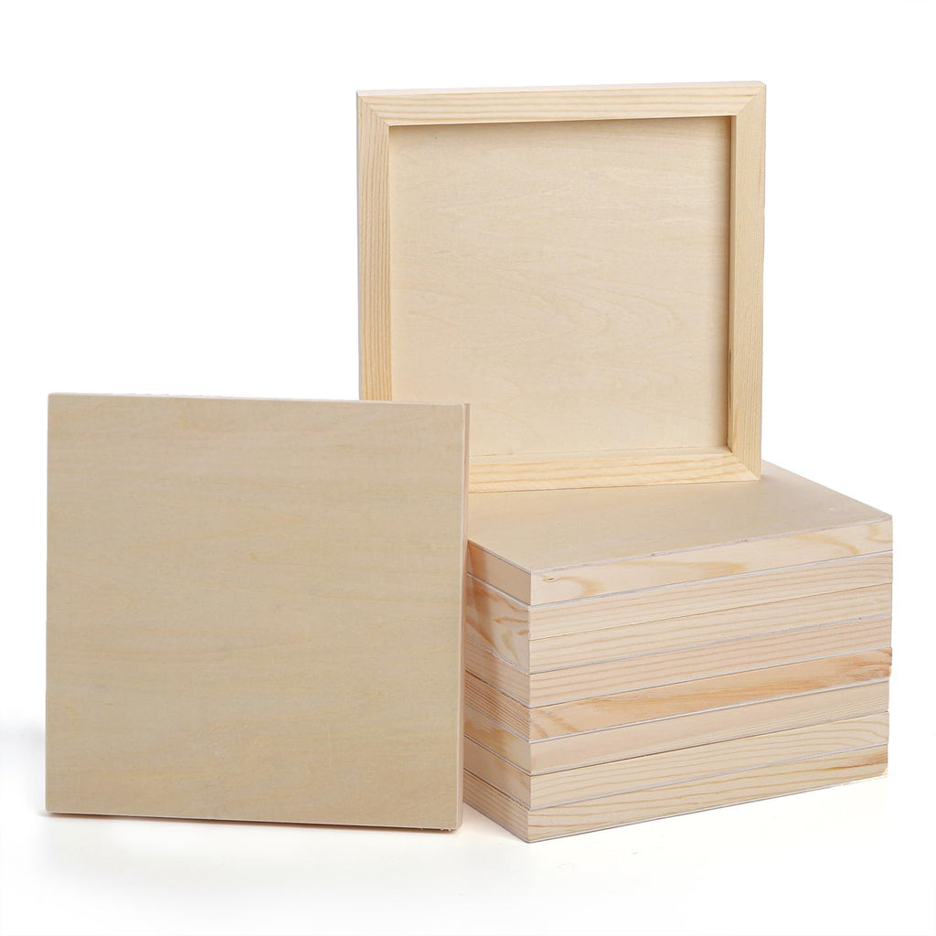 Stack of 8x8 inch unfinished birch wood painting panels with cradled edges on white background