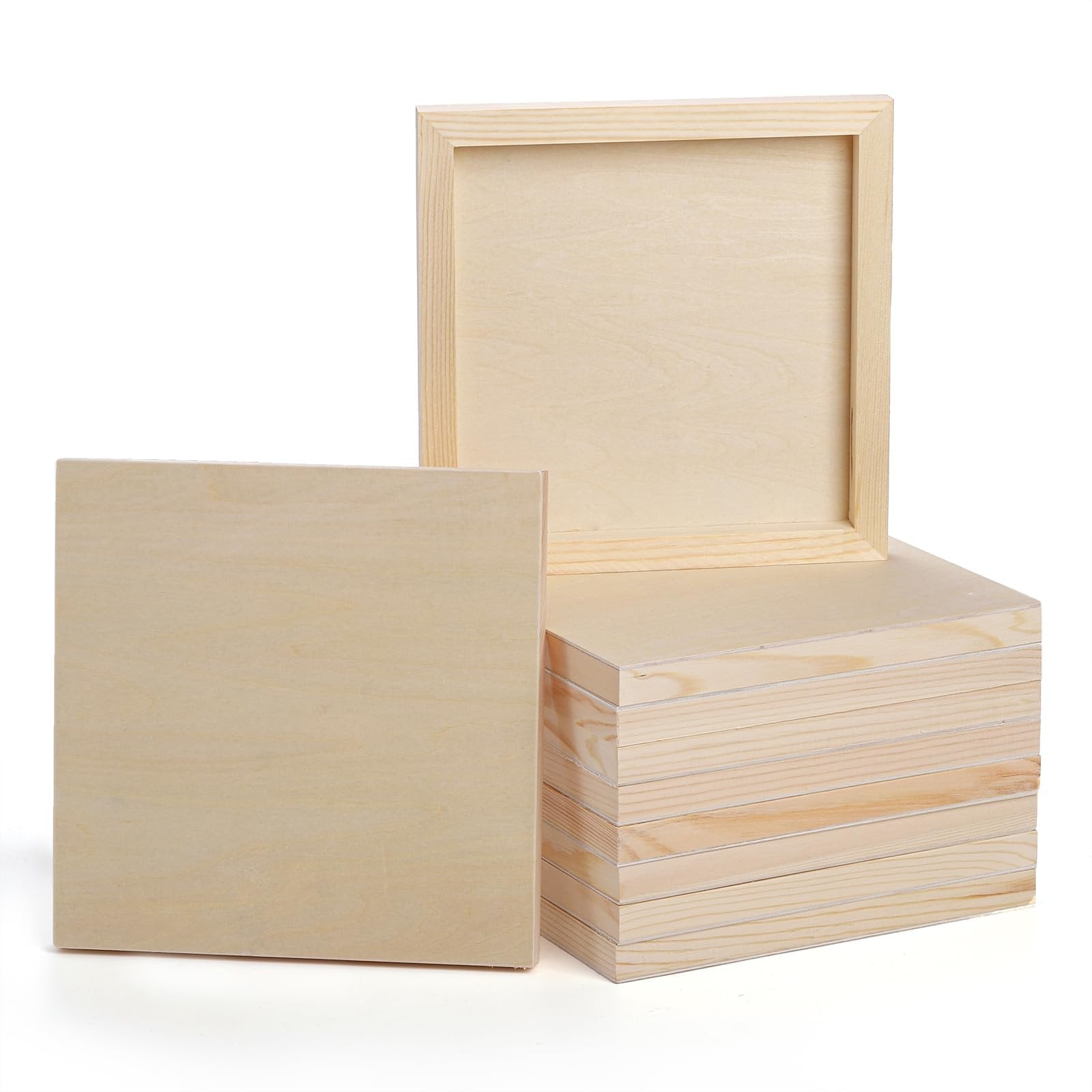 Stack of 8x8 inch unfinished birch wood painting panels with cradled edges on white background
