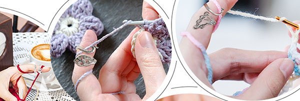 Crocheting with multicolor yarn guides on fingers for tension control. Close-up of hands and yarn.