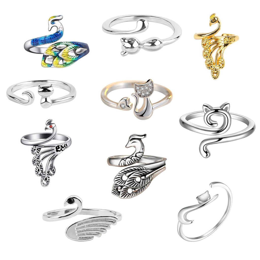 Collection of 10 adjustable crochet loop rings in peacock and cat designs, multicolor and silver finishes