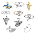 Collection of 10 adjustable crochet loop rings in peacock and cat designs, multicolor and silver finishes