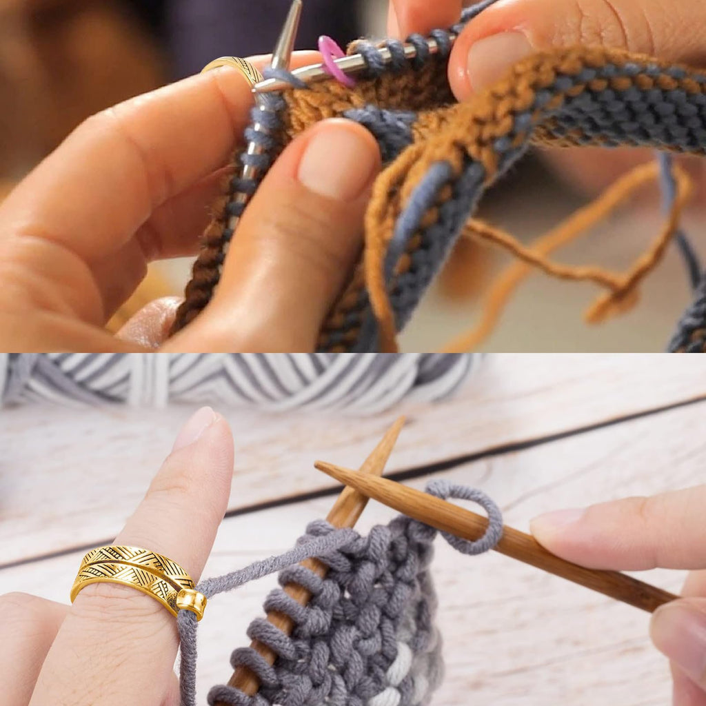 Hands knitting with multicolor yarn and adjustable crochet loop rings for tension control