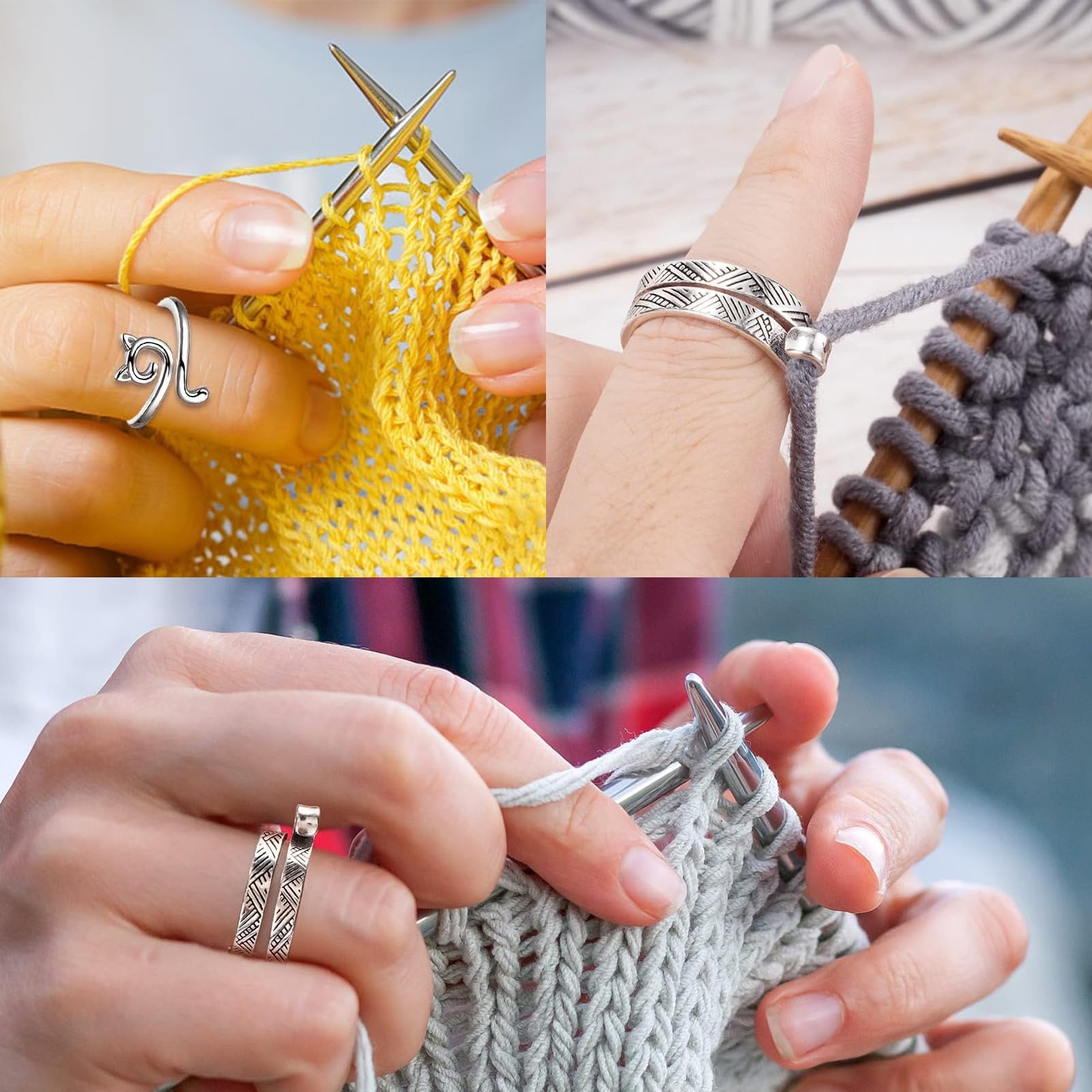 Hands knitting with multicolor adjustable crochet loop rings for yarn tension control