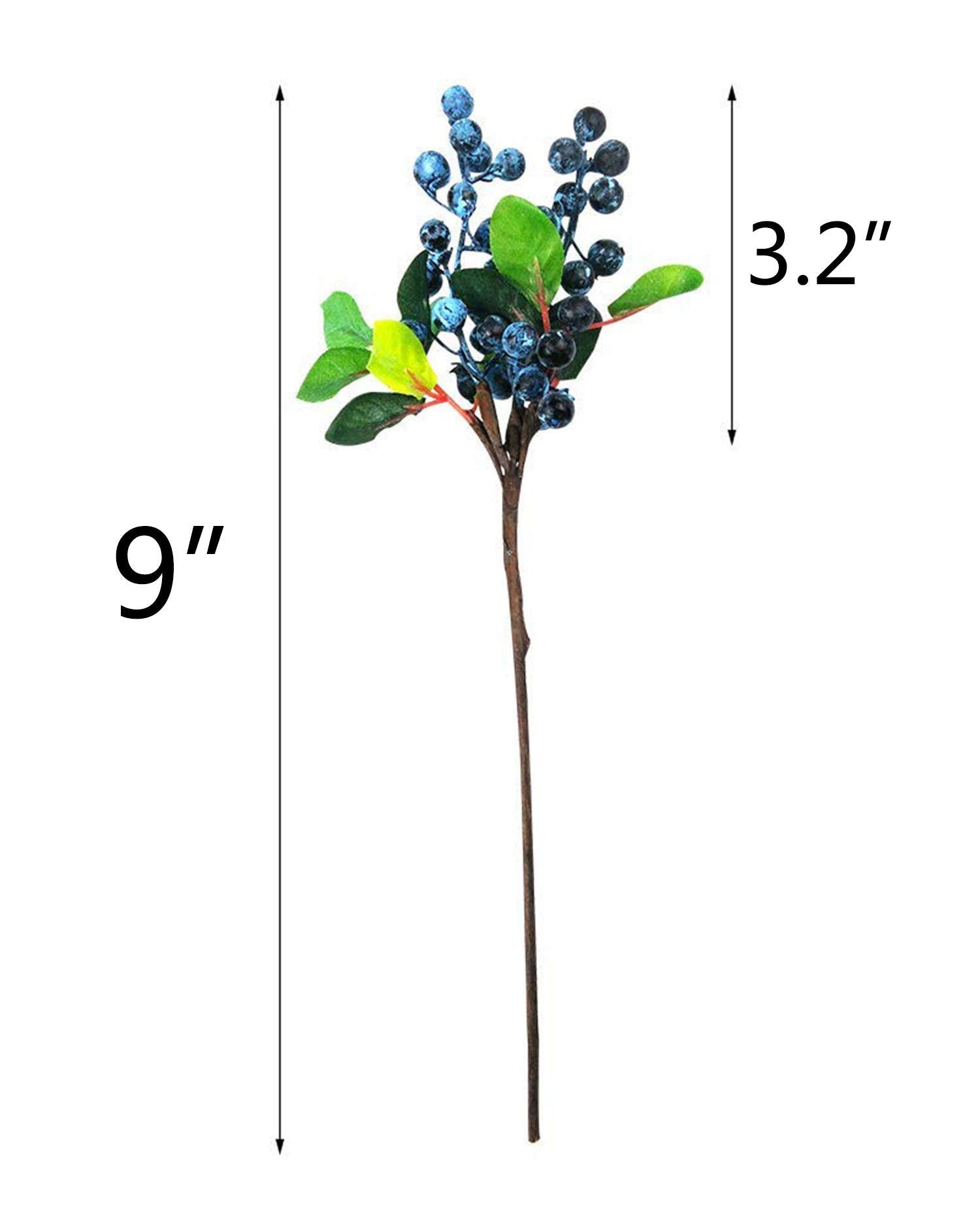Artificial blueberry stem with green leaves and blue berries, showing overall height of 9 inches and berry cluster width of 3.2 inches.