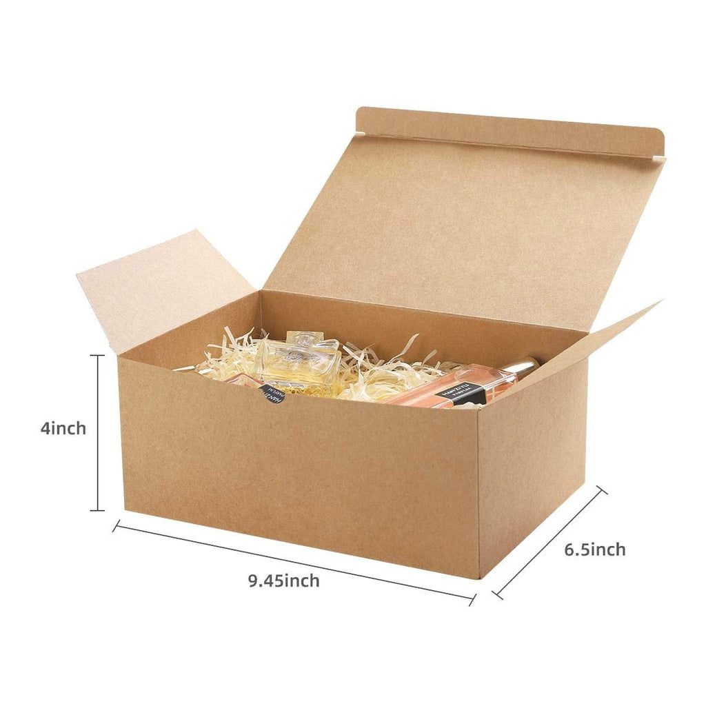 Open brown cardboard gift box filled with shredded paper, containing two perfume bottles and dimension labels.