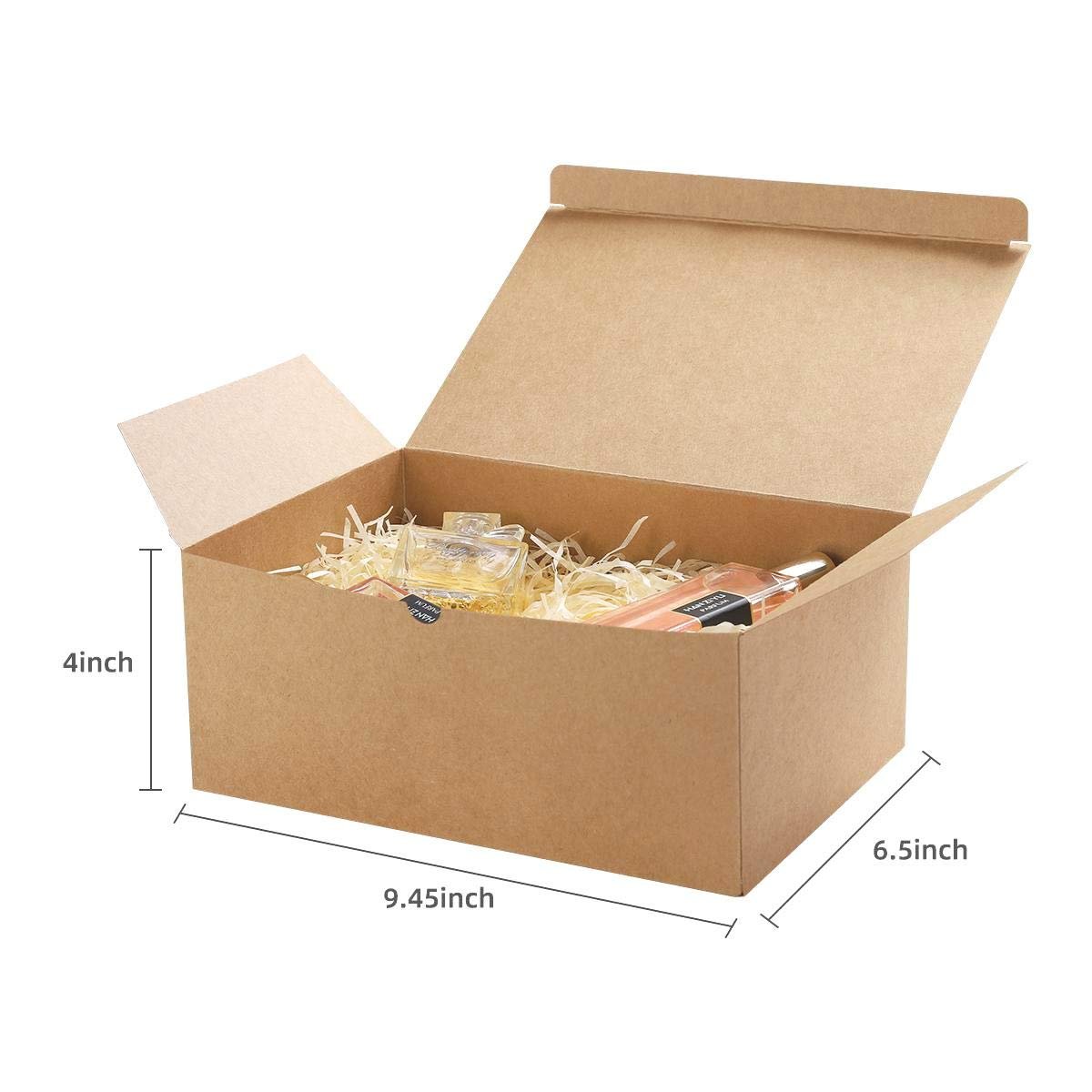 Open brown cardboard gift box filled with shredded paper, containing two perfume bottles and dimension labels.