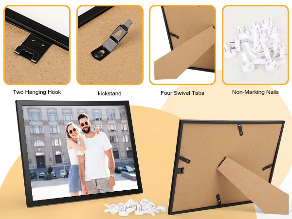 Black 8.5x11 certificate frames shown with hanging hooks, kickstand, swivel tabs, and non-marking nails. One frame displays a couple.