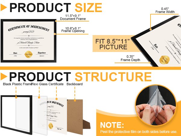 Two sections showing certificate frame dimensions and structure. Top section details frame size and fit for 8.5x11 picture. Bottom section shows frame components: black plastic frame, plexiglass, certificate, and backboard.
