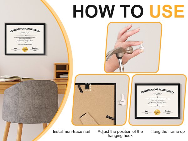 Instructions for hanging a certificate frame, showing how to install a nail, adjust a hook, and hang the frame.