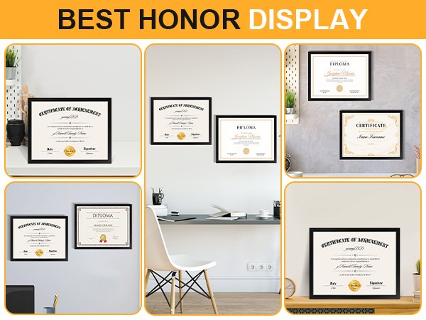 Collage of black certificate frames displaying diplomas and certificates on walls and desks.