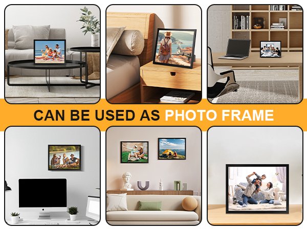 Collage of lifestyle images showing black certificate frames used as photo frames in various home settings.