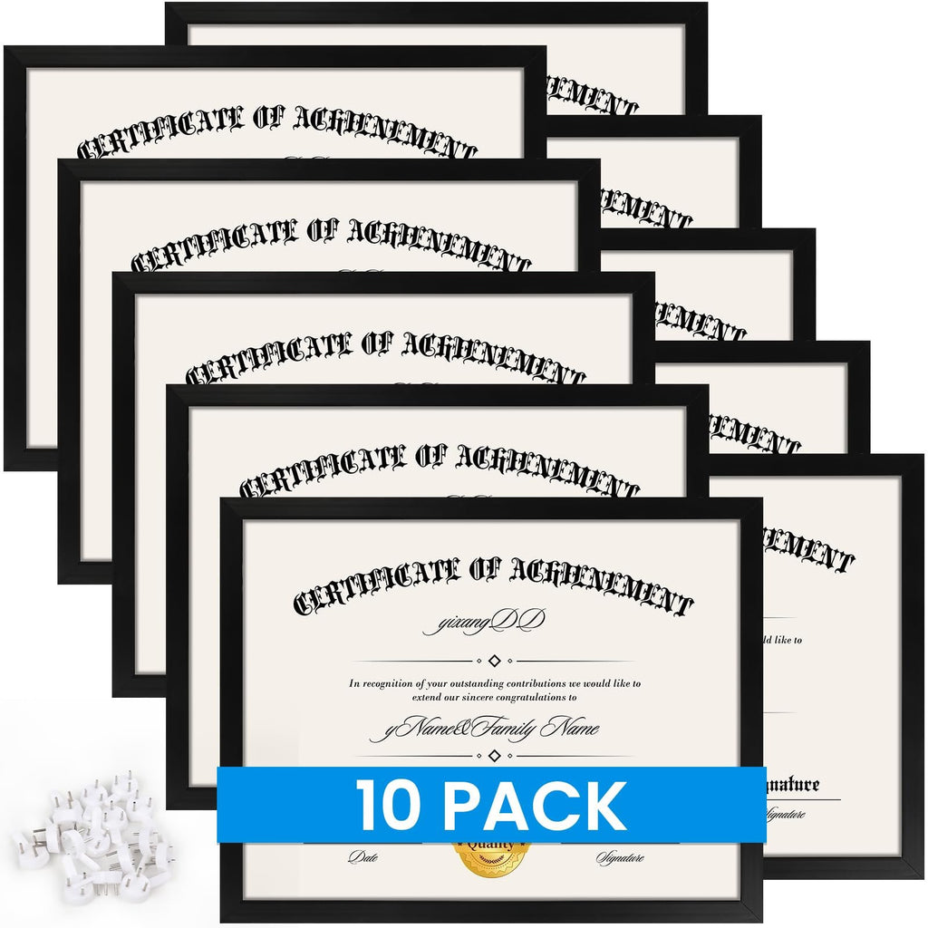 Ten black certificate frames with 'Certificate of Achievement' text, some showing '10 PACK' overlay.