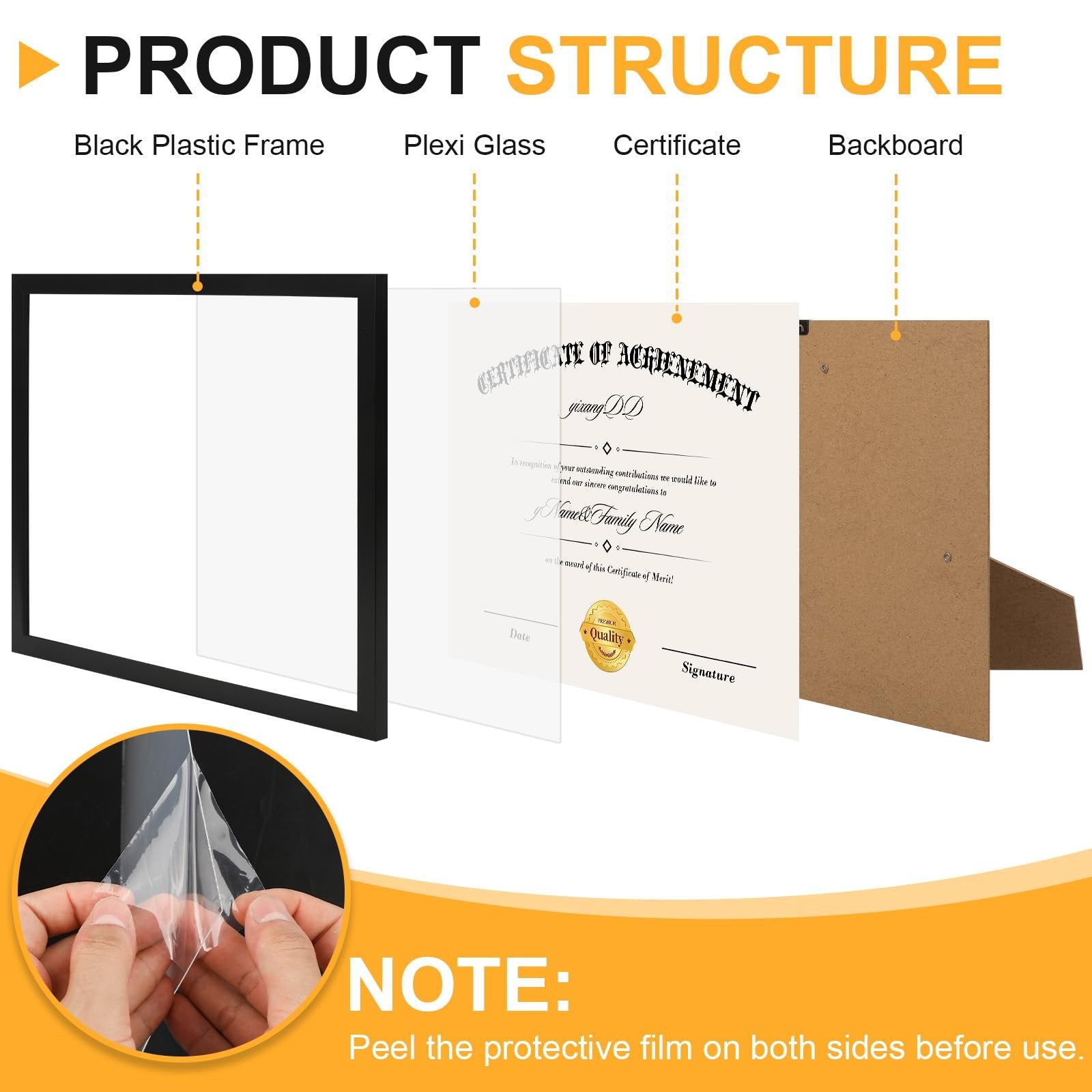 Exploded view of a black certificate frame showing frame, plexiglass, certificate, and backboard, with a note about protective film.