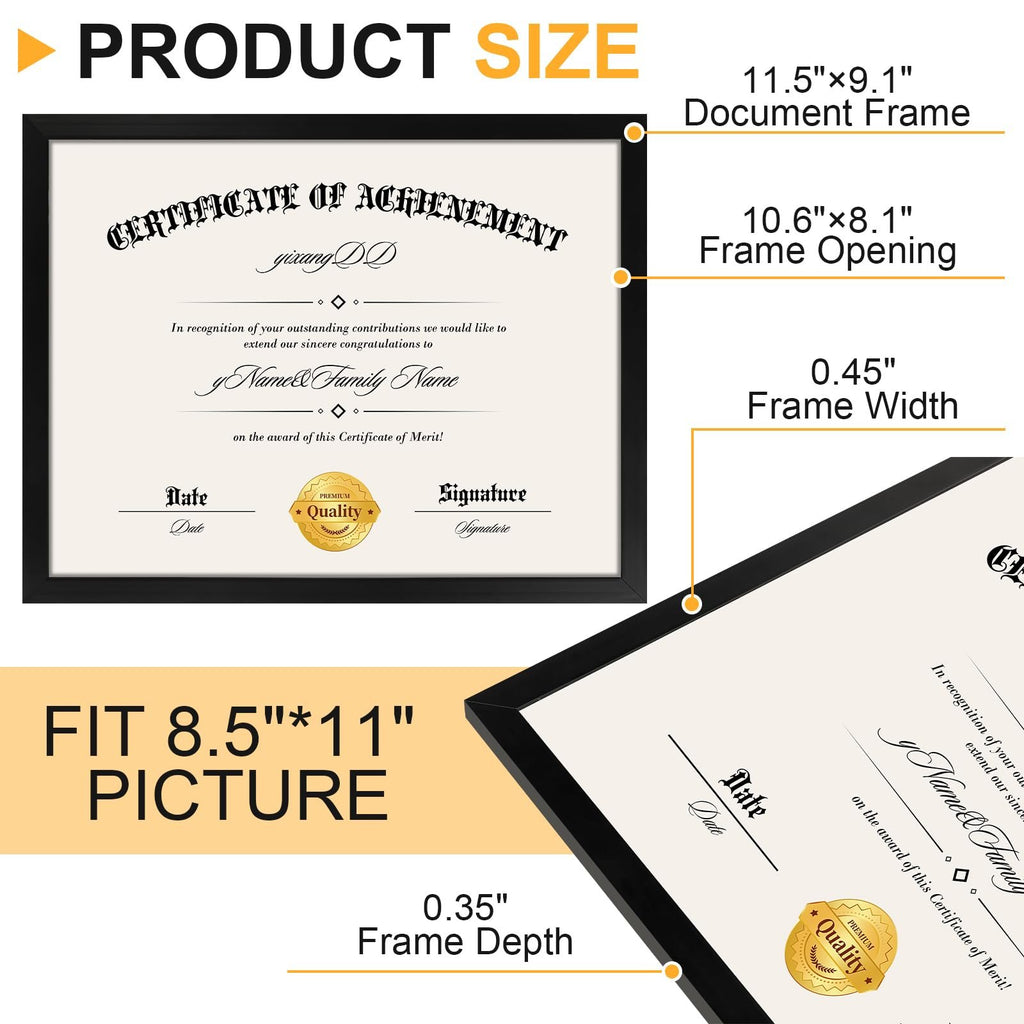 Black certificate frames shown with dimensions and fit information. One frame displays a certificate of achievement.