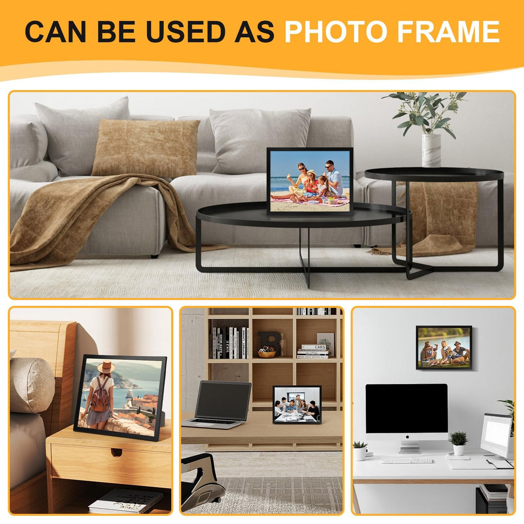 Collage of lifestyle images showing black certificate frames in various home settings, including on a coffee table, nightstand, and wall.