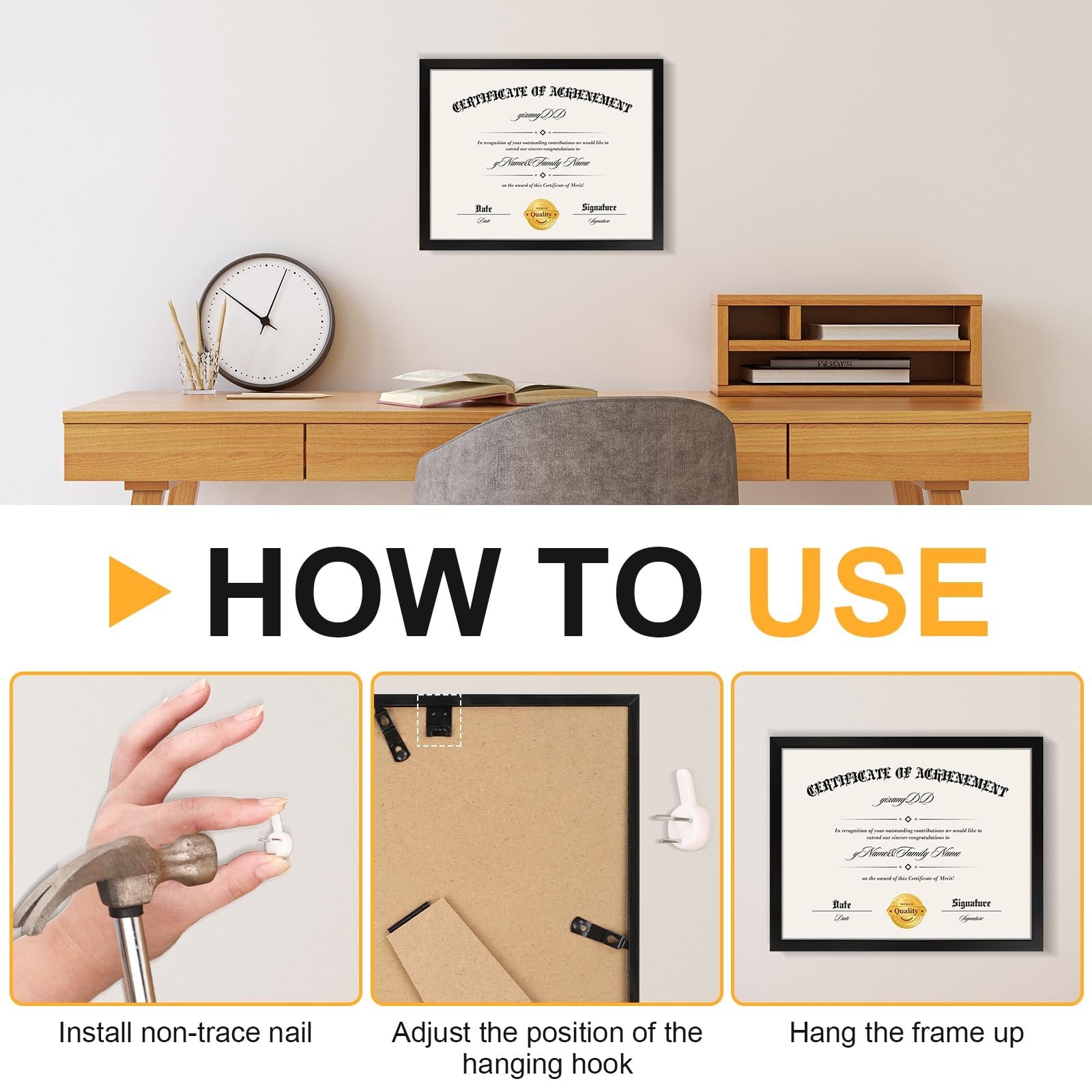 Desk setup with a framed certificate and instructions on how to hang it.
