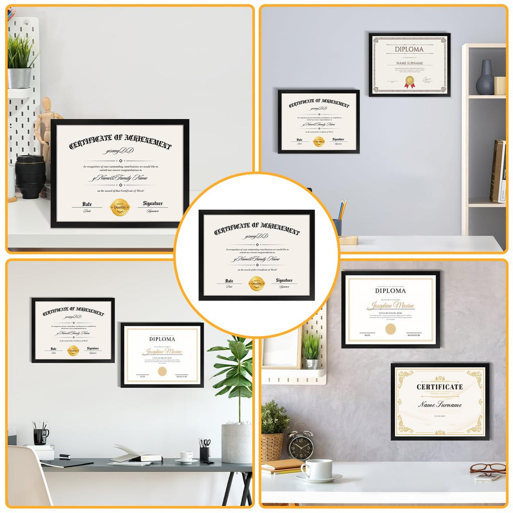 Collage of certificate frames displayed in home and office settings. Includes framed diplomas and certificates of achievement.