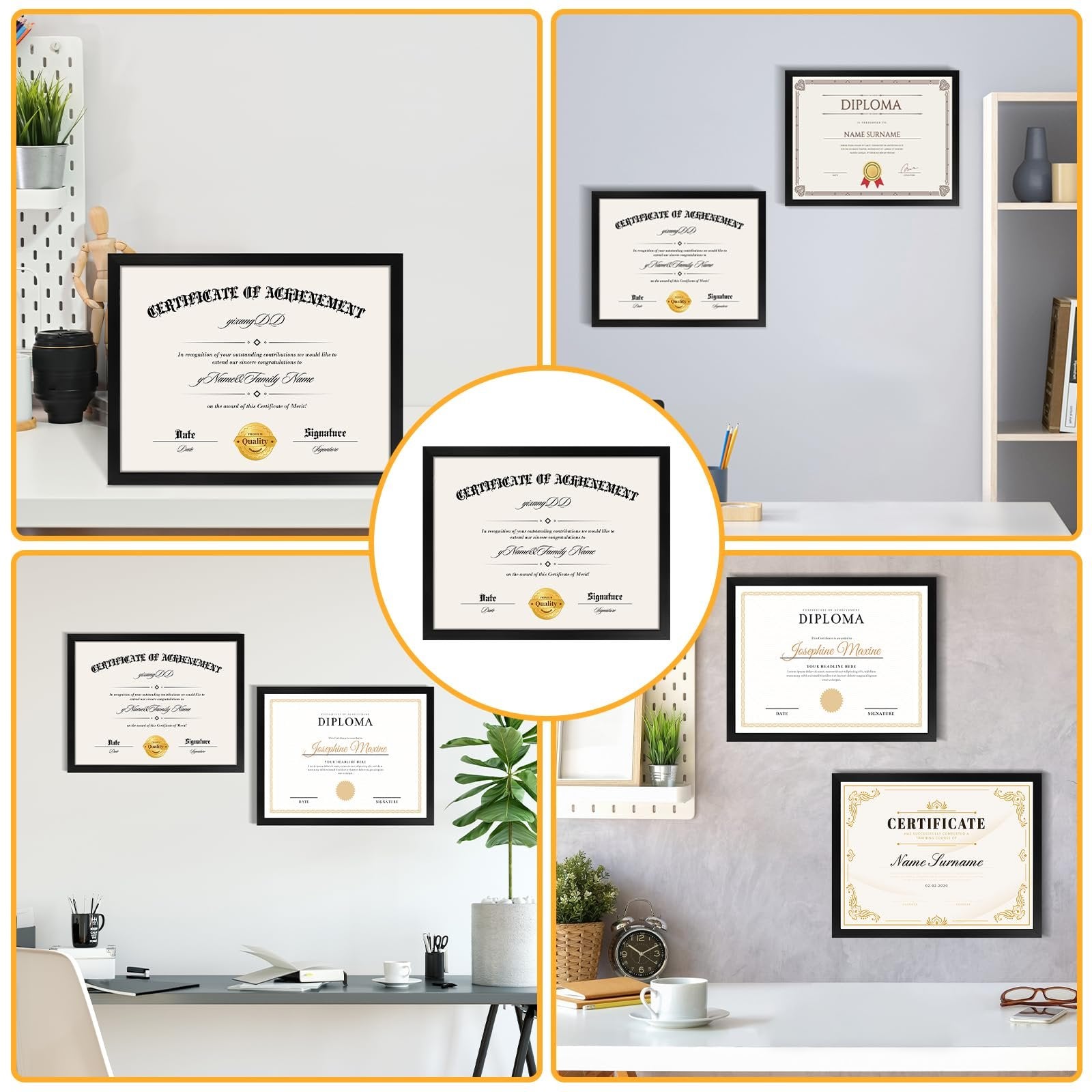 Collage of certificate frames displayed in home and office settings. Includes framed diplomas and certificates of achievement.