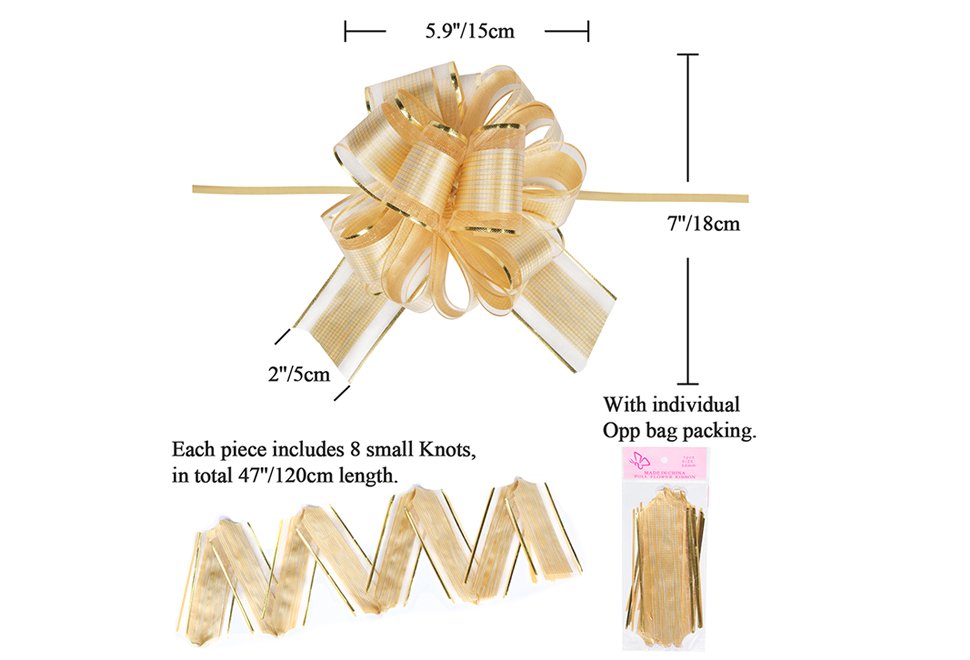 Gold pull bow with dimensions indicated, showing its size and packaging.