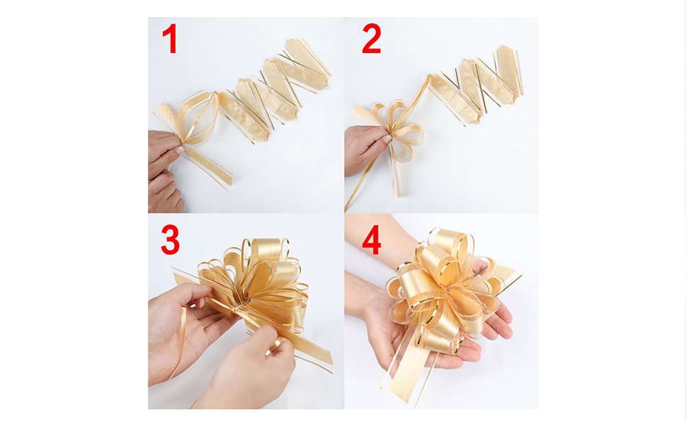 Four-panel image showing how to make a gold pull bow from ribbon. Step 1 shows ribbon loops being pulled. Step 2 shows the center being tied. Step 3 shows the bow being tightened. Step 4 shows the finished bow.