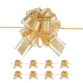 Gold pull bows with white and gold striped ribbon, shown as one large bow and eight smaller bows